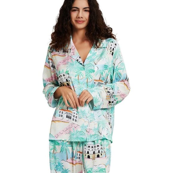 Women Green Silk Satin Pajamas Set Button Down 2 Piece Pjs Long Sleeve Oversize - Picture 5 of 7